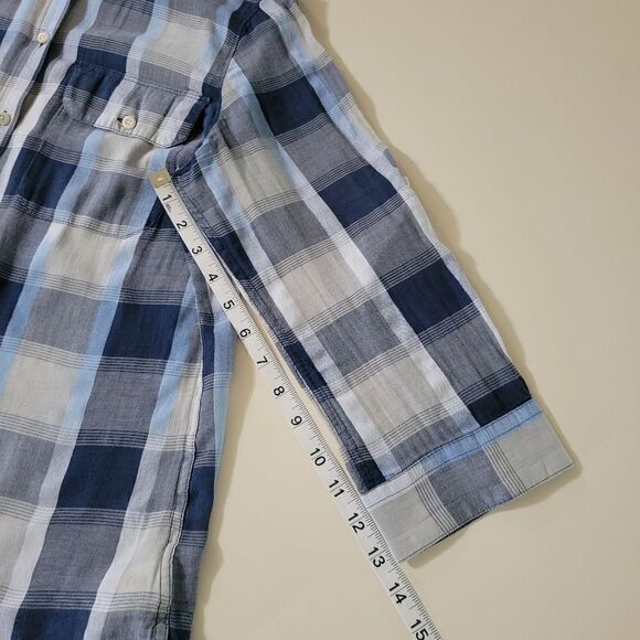 Eddie Bauer Women's Blue Plaid Cotton Rayon Button-Down Elbow-length Sleeve - Picture 6 of 13